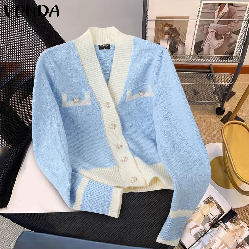 VONDA Women Autumn Winter V-Neck Long Sleeve Patchwork Knittes Cardigans Swerters