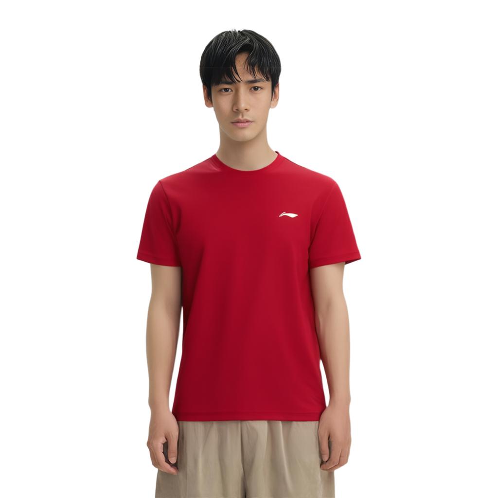Li-Ning Solid Color Logo Quick-Dry Breathable Elastic Ice Silk Sports Training Short Sleeve T-Shirt Men Tops Red ATSS463-4