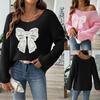 Bow Embroidery, Patchwork, Women's Pullover Sweater, Women's Clothing, One Collar, Off Shoulder Design, Flared Sleeve Sweater
