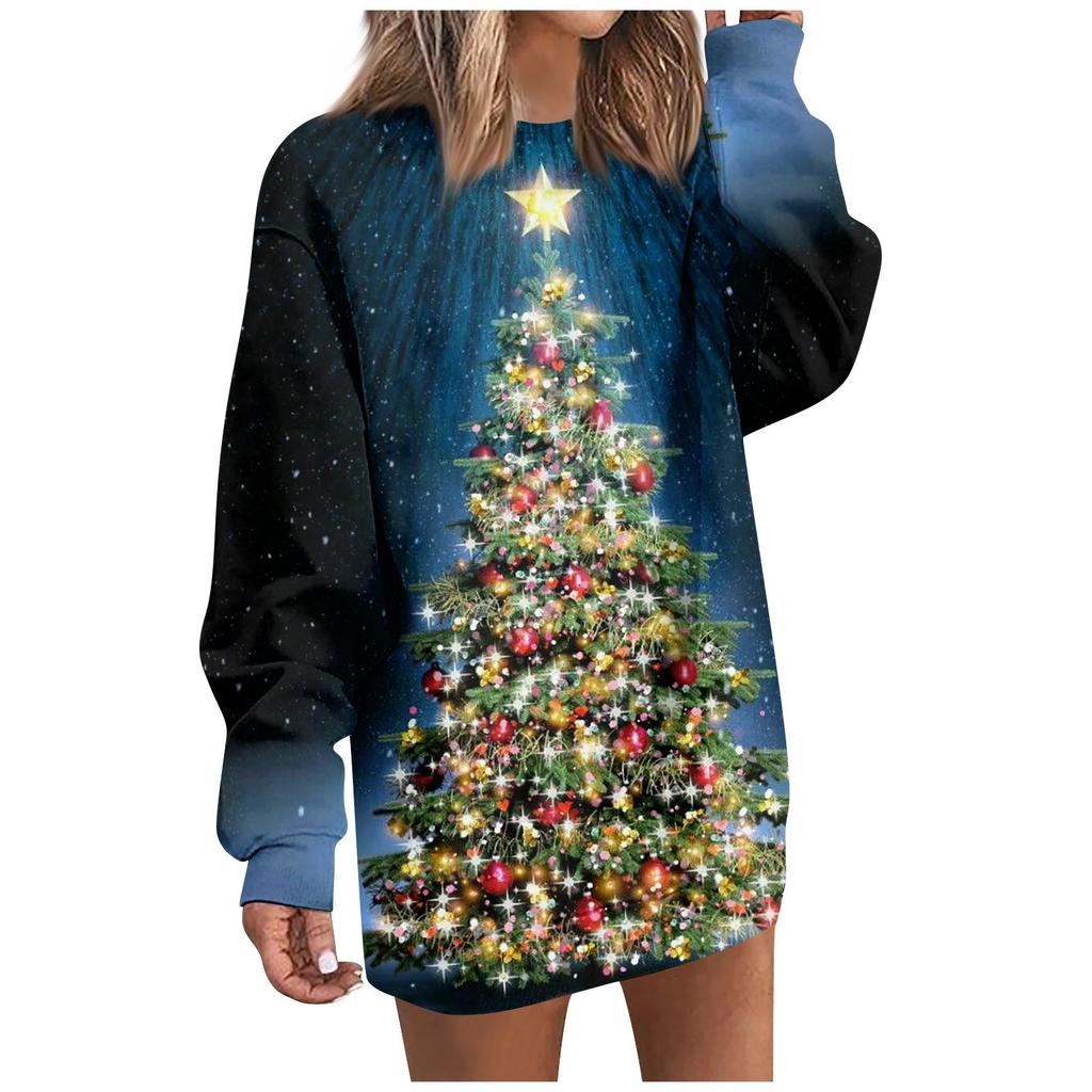 Женское повседневное модное платье с круглым вырезом и рождественским принтом, с длинными рукавами