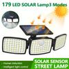 Комплект из 2 шт. 179 светодиодных солнечных настенных светильников с датчиком движения, 3 режима освещения, водонепроницаемый уличный солнечный прожектор для безопасности для патио, сада