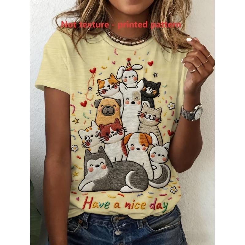 Funny Cat Pattern Women's T-Shirt Cute Animal 3D Print T-Shirts Summer Fashion Casual Street Tees Short Sleeves Round Neck Tops