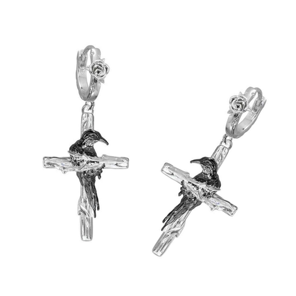 Gothic Cross Raven Punk Earrings Edgy Dark Jewelry Unique Design Ear Studs Alloy Hypoallergenic Ear Jewelry for Women
