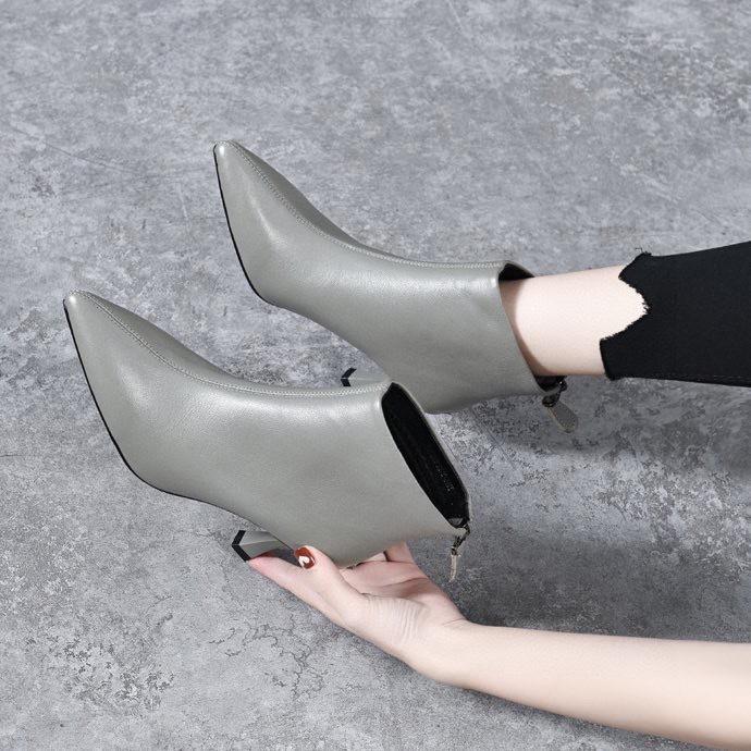 Женские ботильоны на шпильке с острым носком, модные короткие ботинки, осенние новые ботинки с открытой щиколоткой, из коровьей кожи первого слоя, с задней молнией, женские кожаные ботинки