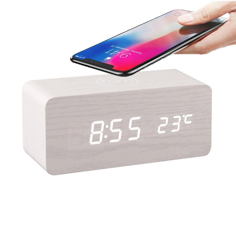 Умные беспроводные часы с зарядкой Креативные электронные деревянные часы Цифровые беспроводные часы с быстрой зарядкой Температурный будильник