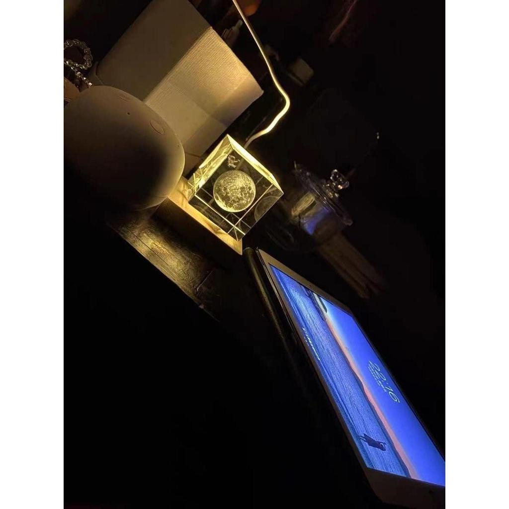 3D Хрустальная Лунная Лампа с USB LED Подсветкой и Деревянной Подставкой | Теплый Белый Хрустальный Кубик Ночник для Спальни, Домашний Декор