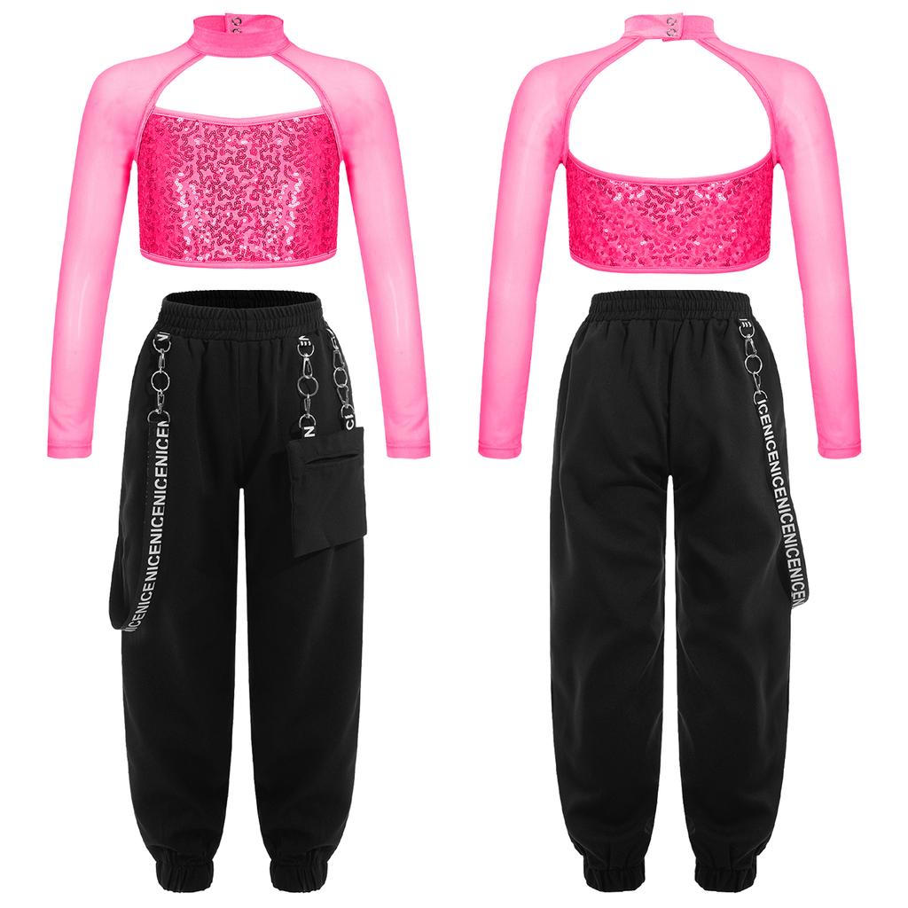 Kids Girls Casual Outfits Long Sleeve Mock Neck Crop Top with Elastic Waistband Pants for Hip-hop Street Dance