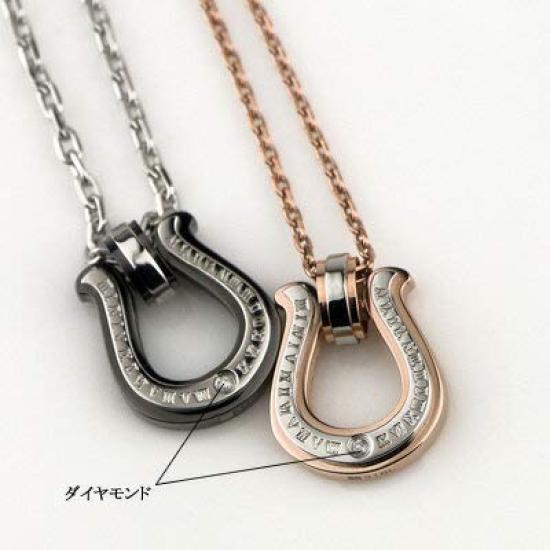 Pair Necklace Diamond Surgical Stainless Steel Horseshoe Motif Black Pink [White Clover] &