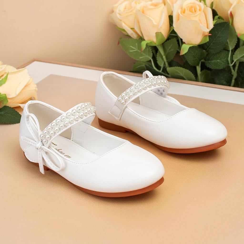 Белые кожаные балетки для девочек: Весенне-осенние туфли для девочки-цветочницы с жемчугом