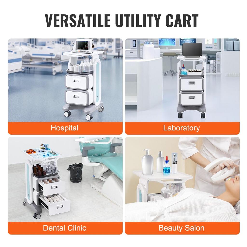 3 Tiers Lab Carts Mobile Medical Cart with 2 Drawers & 1 Top Tray White