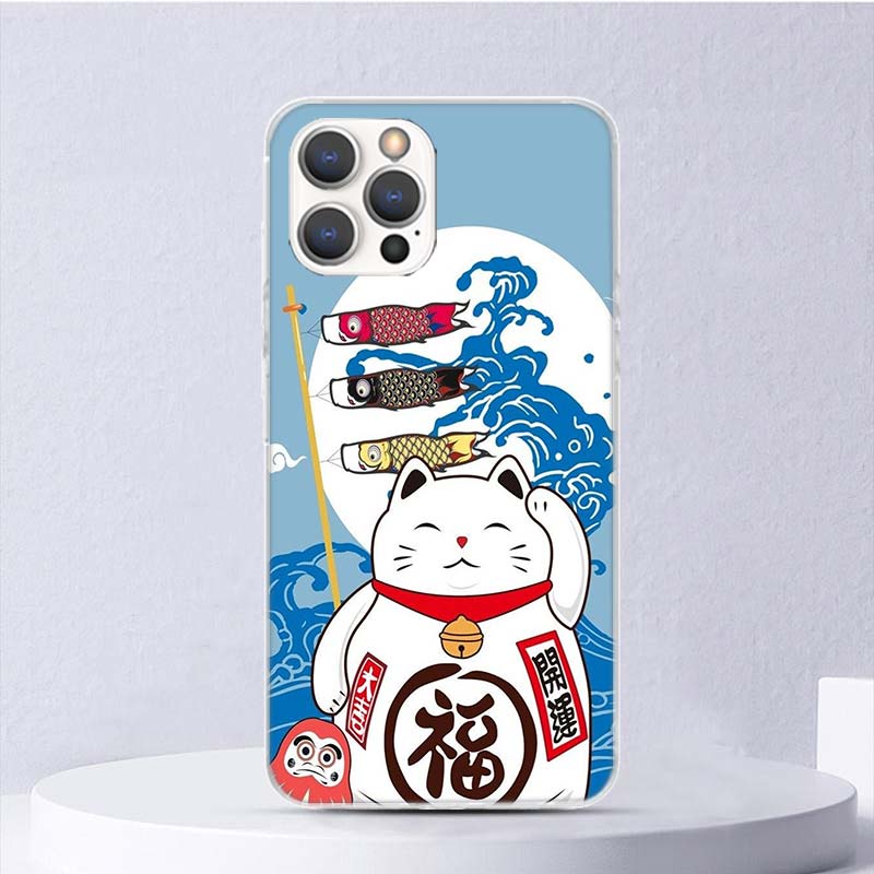 Счастливый Кот Манеки Неко Японский Мягкий Чехол Для iPhone 16 17 Air 16E 15 Plus 11 12 13 Mini 14 Pro Max Чехол Для Телефона Apple 7 8 SE Coqu