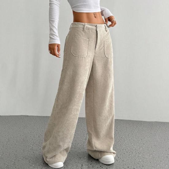 Женские брюки с низкой посадкой, на молнии и пуговице, прямые широкие длинные брюки с карманами, однотонные рубчатые брюки для отдыха