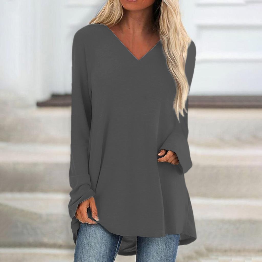 Women's Fashion Casual T-shirt Solid Color Long Sleeve V-neck Medium Long Top