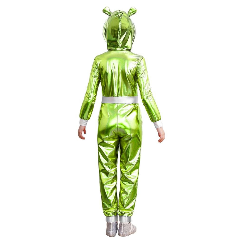 Girls Alien Halloween Costume Metallic Gloss Hood Long Sleeve Front Zipper Jumpsuit Fancy Dress Party Outfit