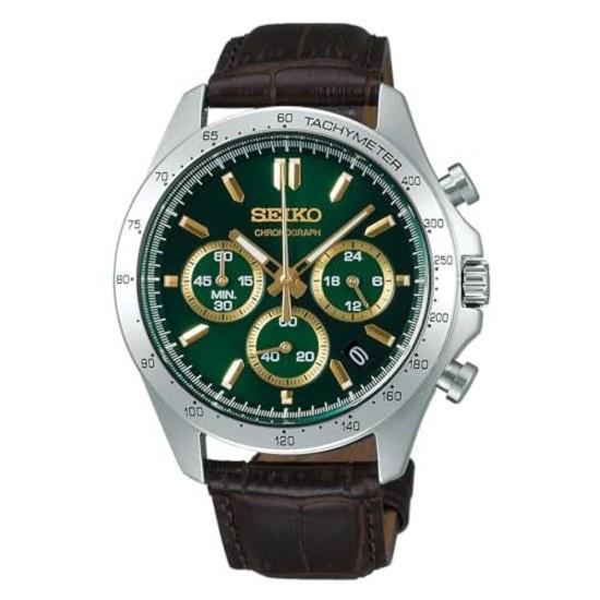 SEIKO SELECTION SBTR017 mens wristwatch battery-operated quartz chronograph leather belt green dial date calendar 24-hour hand equipped