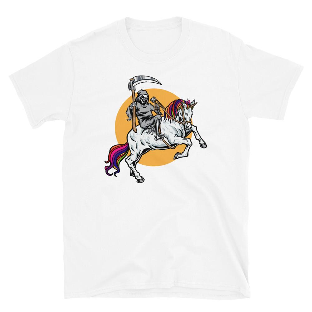 Grim Reaper Riding Unicorn Fantasy Mythical Gift Short-Sleeve Unisex T-Shirt