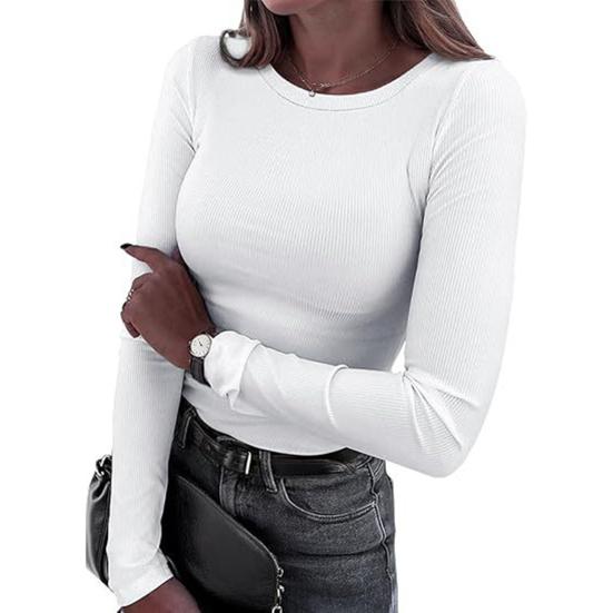 Женский ребристый топ с длинным рукавом, облегающий топ, стандартный крой, легкий, с круглым вырезом