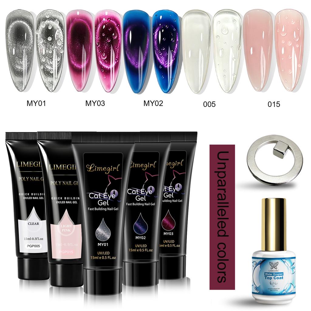 Cat Eye Nail Gel Kit Water Drop Top Coat Ring Magnet Poly Extension Gel DIY Manicure Set