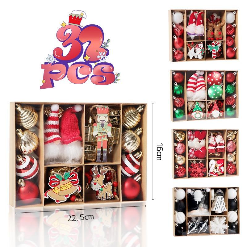 32pcs/set Christmas Tree Ornaments Set Electroplated Painted Hanging Decor for Xmas Birthday Wood Fabric PS Holiday Decoration