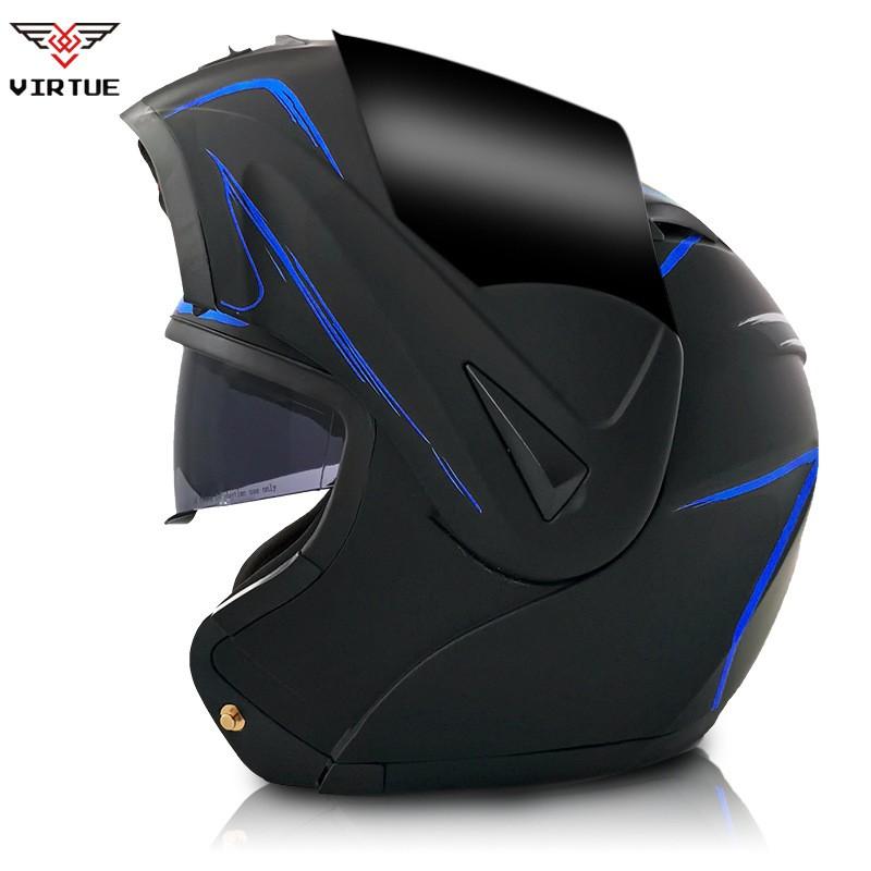 VIRTUE Full Face Motorcycle Helmet With Dual Lens Carbon Fiber Style Decal ABS Shell Flip-Up Design Adult Riders
