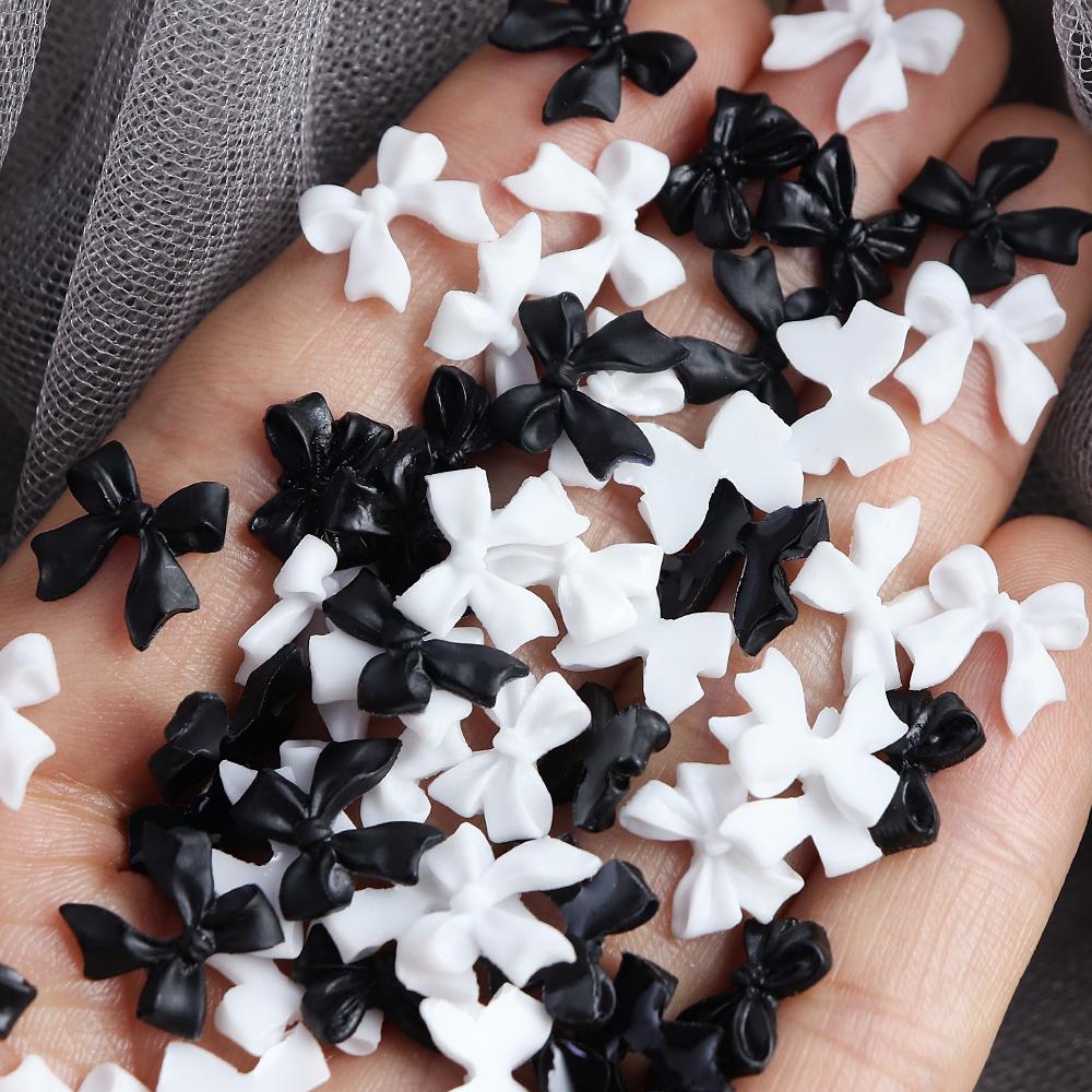 50Pc Black White Resin Bow Tie Nail Charms Decorations Cute Bowknot Rhinestone Nails Accessories for DIY Korean Manicure Designs