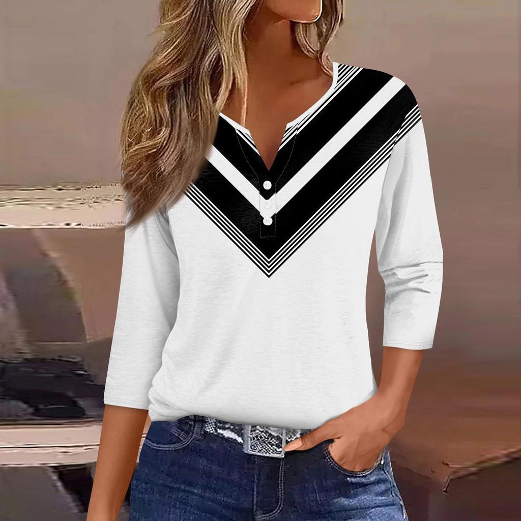 Жен. Футболка Футболка С принтом Пуговицы Рукав 3/4 Повседневные Выходные Мода Классический Классический V-образный вырез Обычный Верх