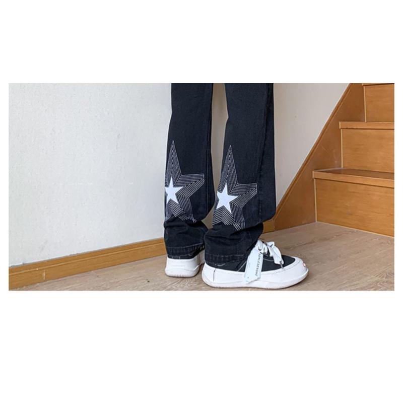 Брюки в американском стиле, уличные голубые джинсы со звездами и вышивкой, мужские брюки прямого кроя с дизайнерским смыслом