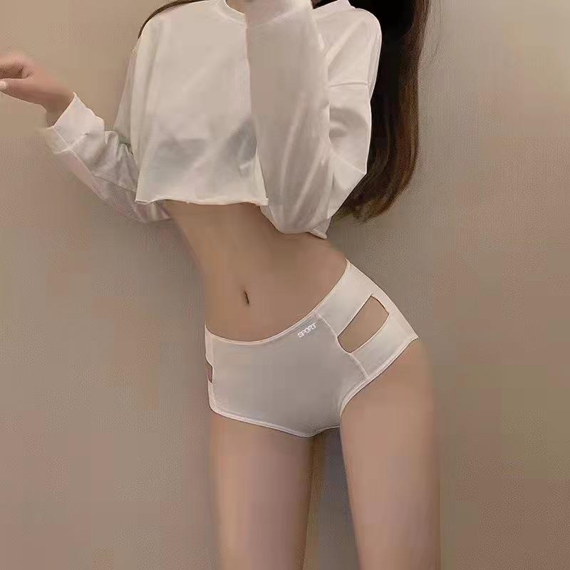 Mid-waist Sexy Briefs Design Sense Niche Side Hollowed-out Ice Silk Panties Letter Wrap Hip Women's Underwear