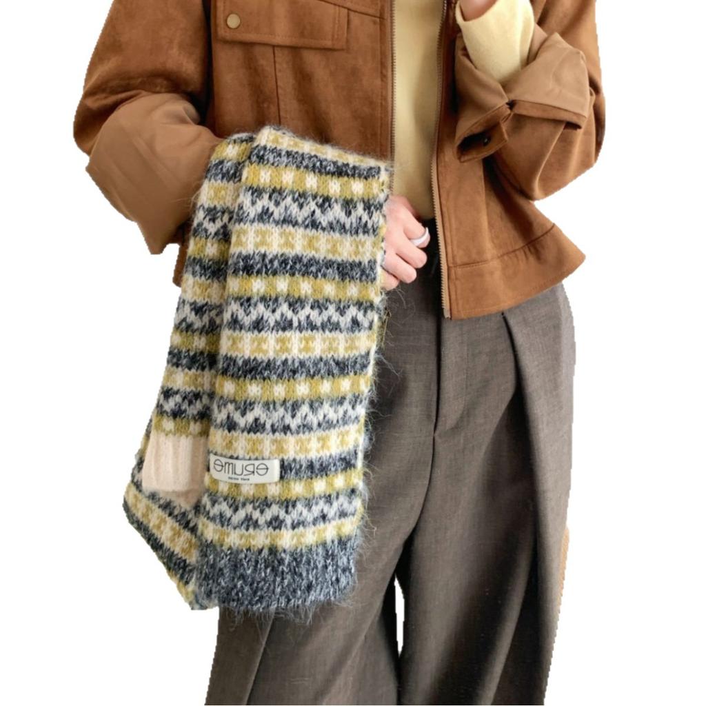Корейская версия нового жаккардового вязаного шарфа в стиле Fair Isle, женский, осенний и зимний, теплый, для студентов, пар, шарф с контрастным цветом, атмосфера