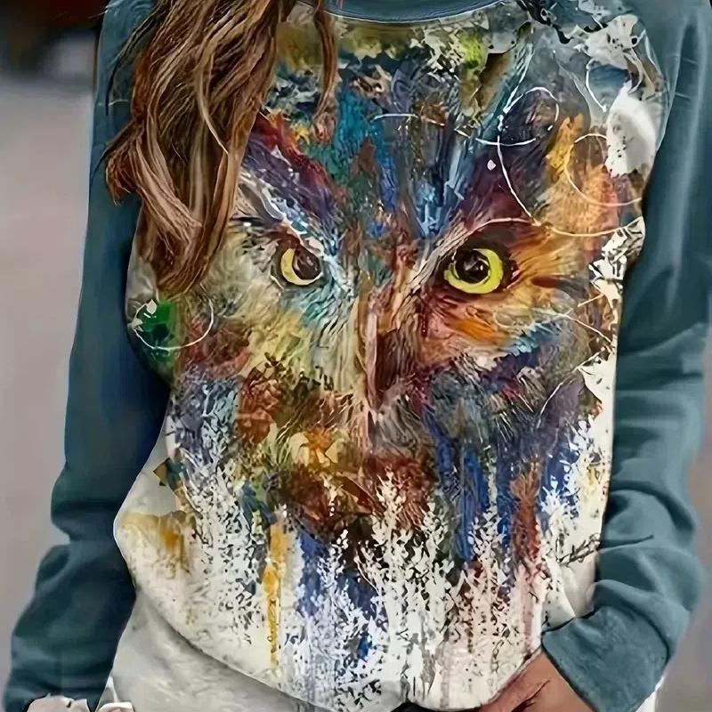 Винтажная женская толстовка с капюшоном с изображением животных, модная 3D-печать с принтом котенка, с длинным рукавом, для девочек, милая повседневная y2k, пуловер с круглым вырезом, женская одежда