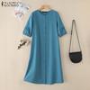 ZANZEA Women Casual Round Neck Solid Color 3/4 Sleeve Loose Dress