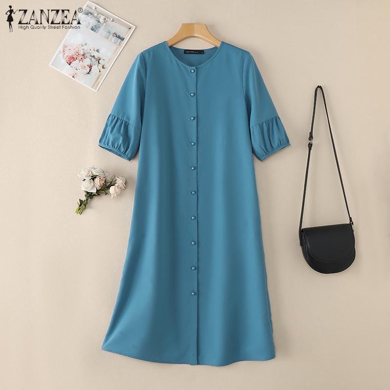 ZANZEA Women Casual Round Neck Solid Color 3/4 Sleeve Loose Dress