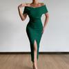 Elegant Temperament Commute Simple Light Cooked Off-the-shoulder Belt Slit Dress Dress