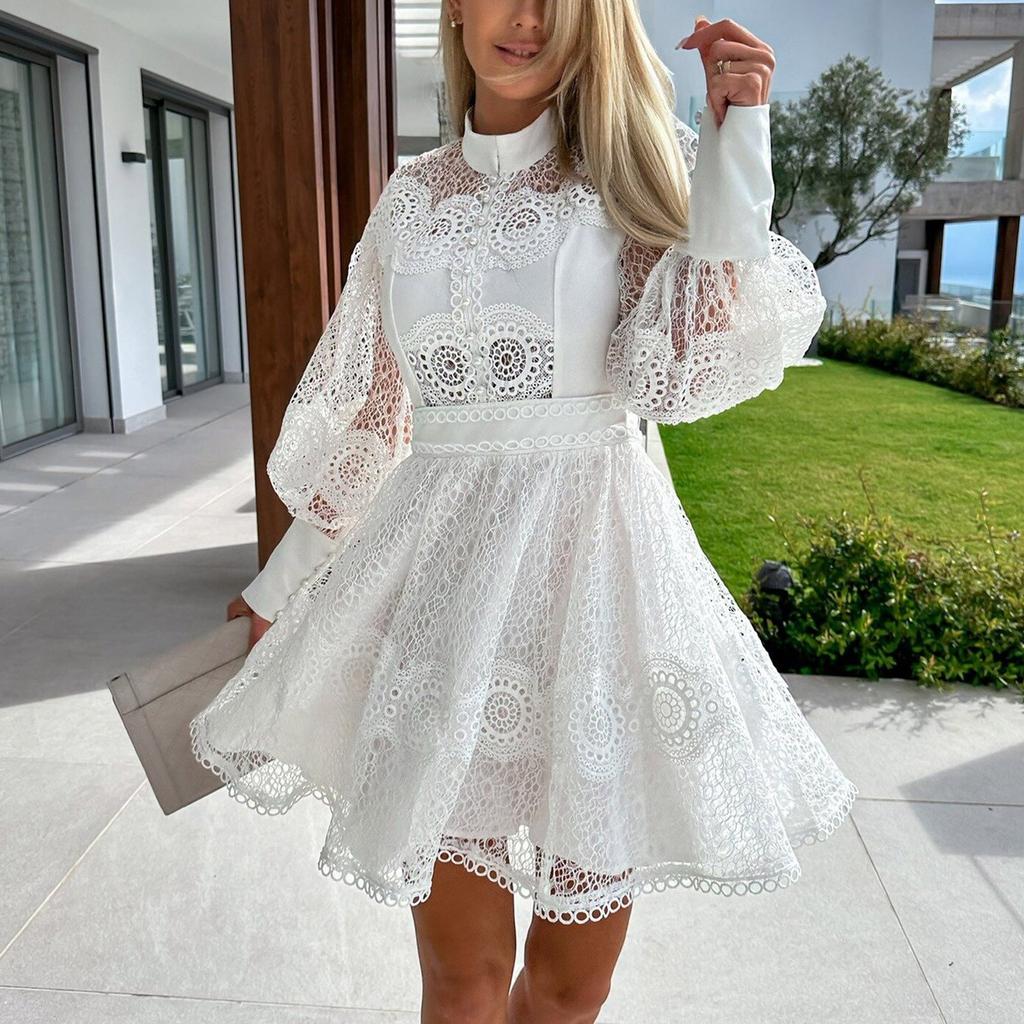 Ladies Fashion Sexy Solid Color Temperament Long Sleeved Lace Lace Lace Dress