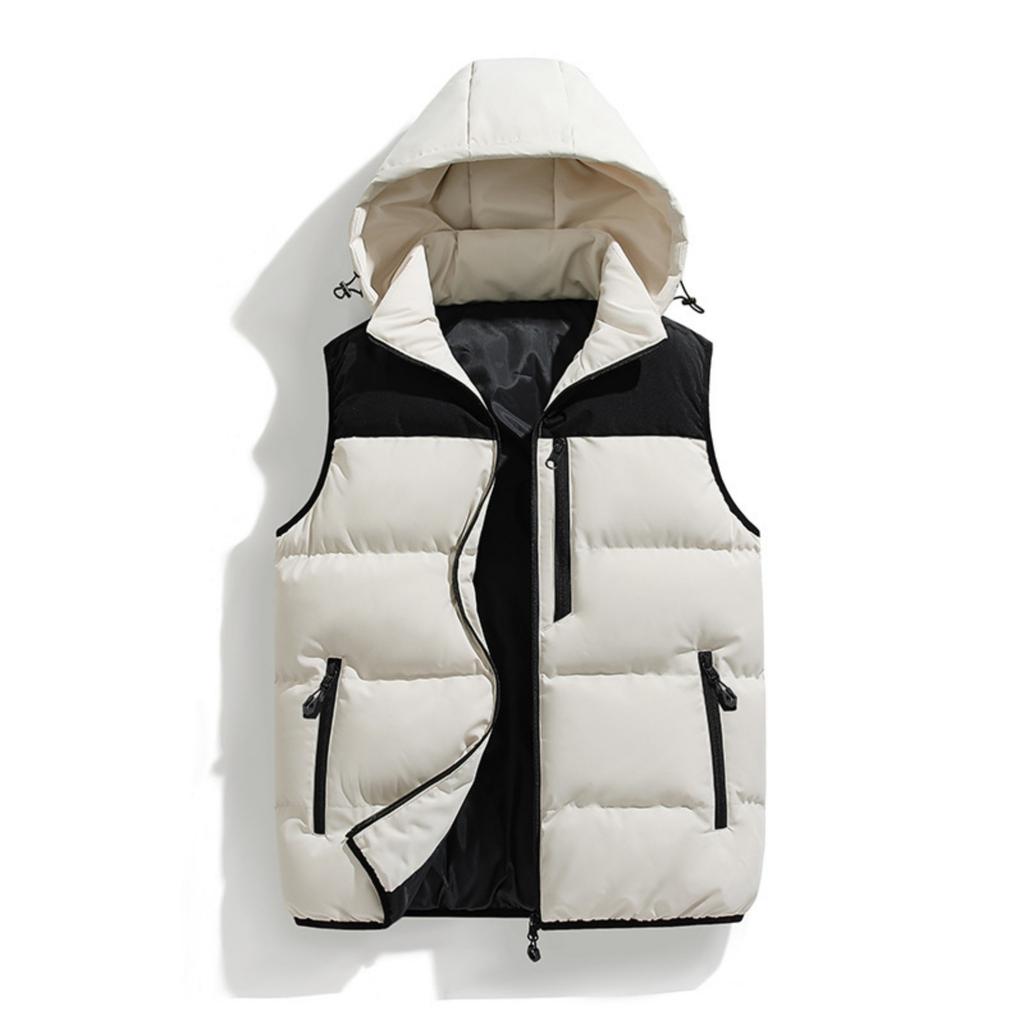 Men's Casual Loose Color-blocked Cotton Warm Jacket, Men's Detachable Cap Sleeveless Vest Jacket