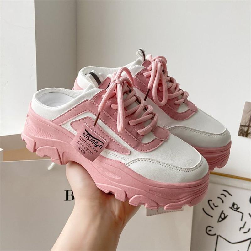 Women's Half Slippers PU Leather Womens Sneakers Breathable Platform Loafers Lace-up Shoes Outdoor Casual Shoes