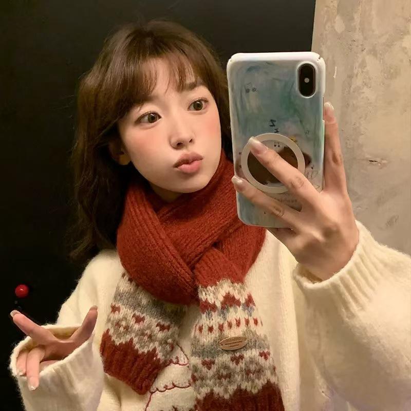 Fair Isle Red Wool Christmas Scarf: Women's Winter 2024 Korean Style Neck Warmer