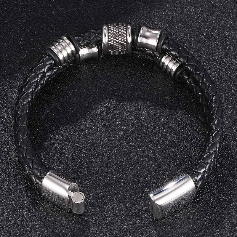 New Punk Jewelry Men Braided Genuine Leather Bracelet For Men Stainless Steel Clasp Double Layer Bangles
