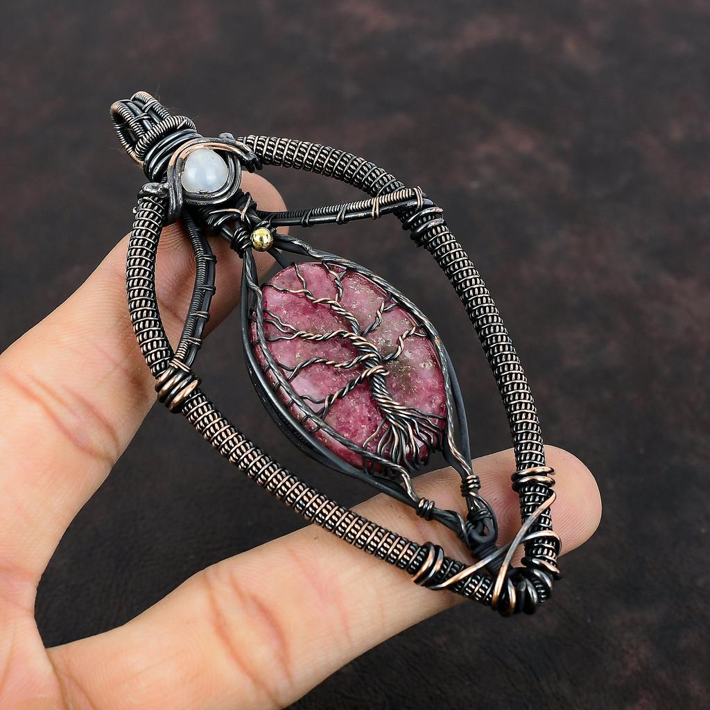 Tree Of Life Rhodonite Pendant Copper Wire Wrapped Pendant Handmade Rainbow Moonstone Pendant Copper Wire Jewelry Gemstone Pendant For Gift