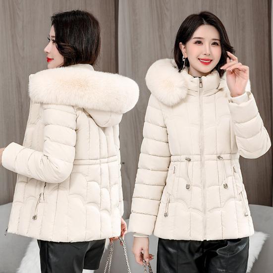 Winter Women Jacket Padded Windproof Cold-proof Zipper Closure Outerwear with Detachable Hood Stand Collar Neck Protection Drawstring Waist Jacket