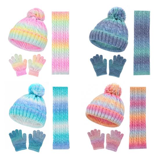 3Pcs/Set Kid Hat Scarf Gloves Set Rainbow Color Plush Ball Decor Knitted Hat Windproof Scarf Gloves Set Winter Accessories