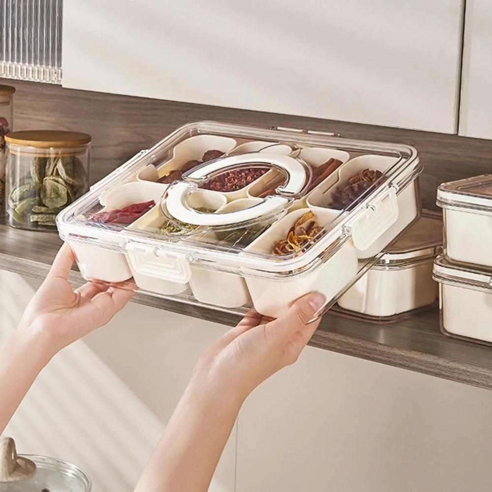 1Pack Kitchen Plastic Seasoning Storage Box with Lid and Handle Spice Storage Container Multifunctional 8 Grids Storage Box