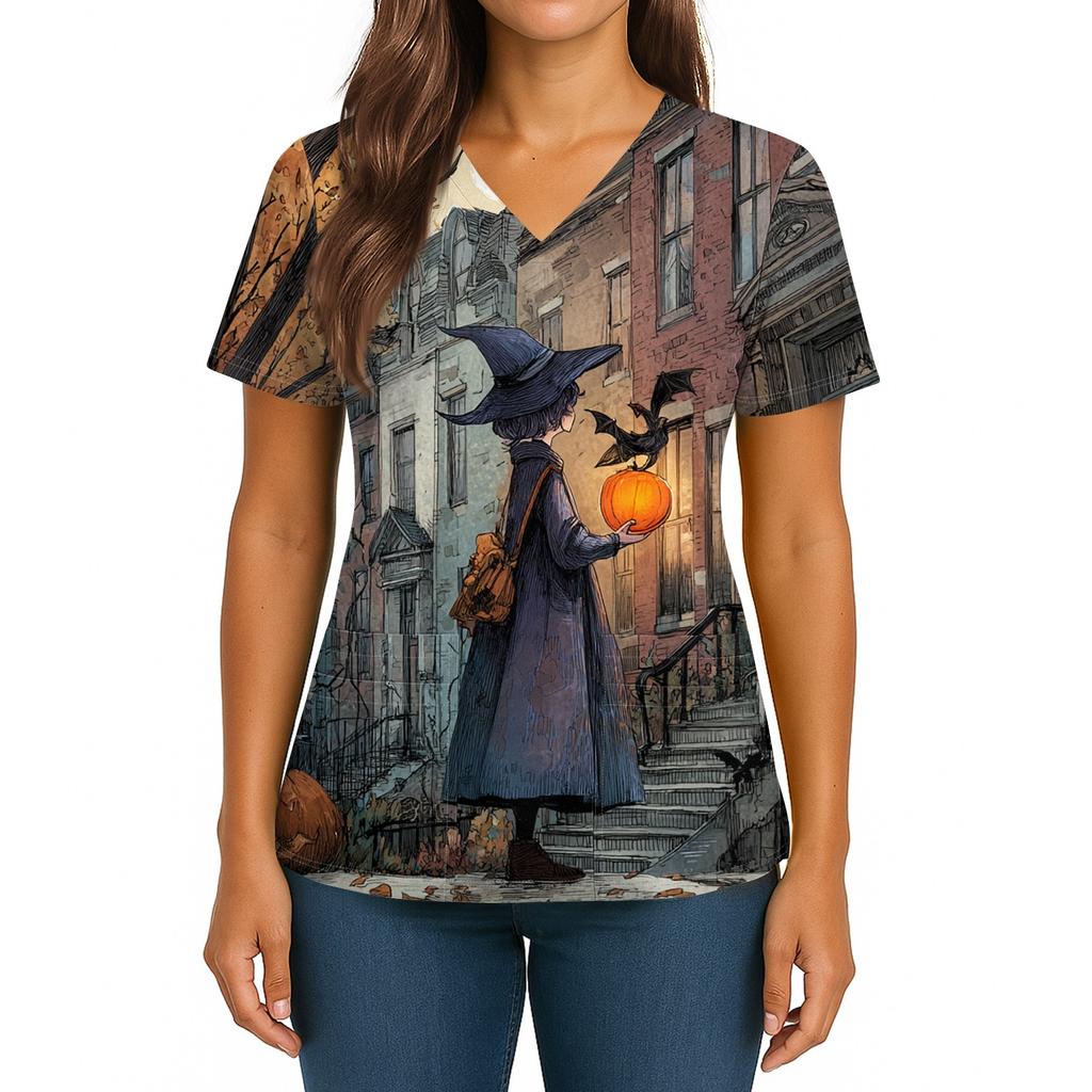 Женский Хэллоуинский Принт V-образный вырез Двойной карман Короткий рукав Разрез по подолу Топ для униформы/сиделки