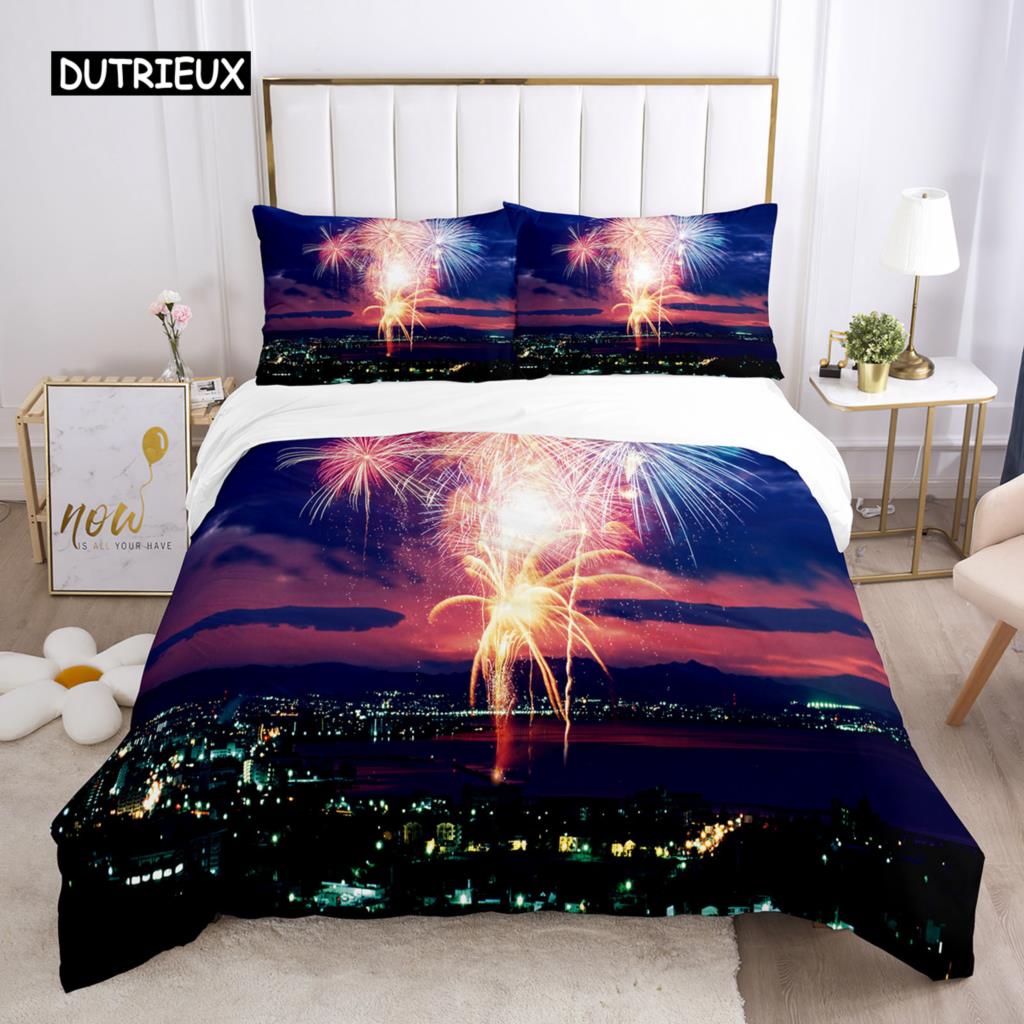 Пододеяльник Firework Queen Size, комплект постельного белья с разноцветными огнями, микрофибра, тема «Празднование Рождества», мягкий чехол для одеяла
