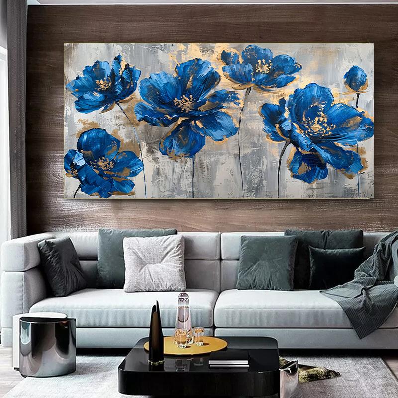 Холст Плакат, Абстрактная Картина Синие Цветы, Холст Настенное Искусство, Художественная Картина для Гостиной, Декор Стен, Украшение для Дома и Общежития
