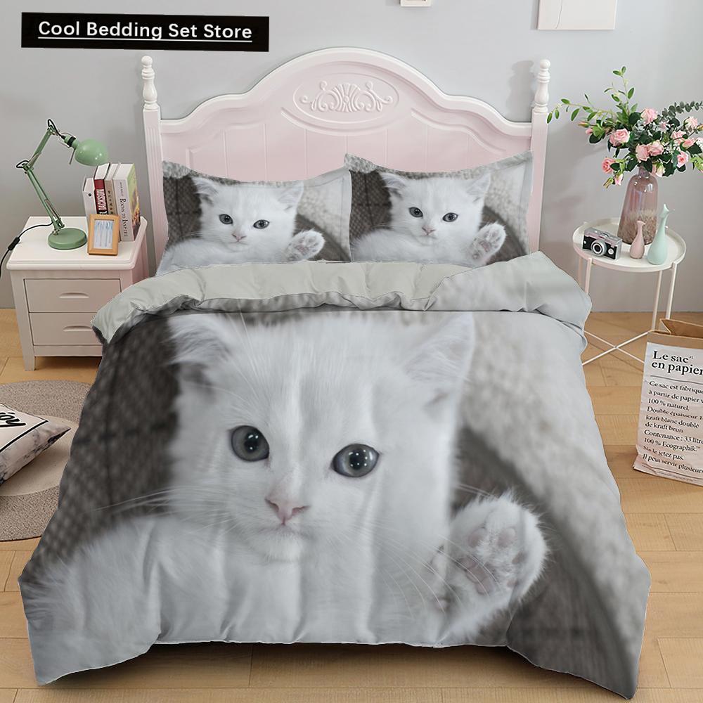 White Cat King Queen Duvet Cover Kawaii Pet Kitty Bedding Set for Kids Teens Adults Family Animal 2/3pcs Polyester Quilt Cover
