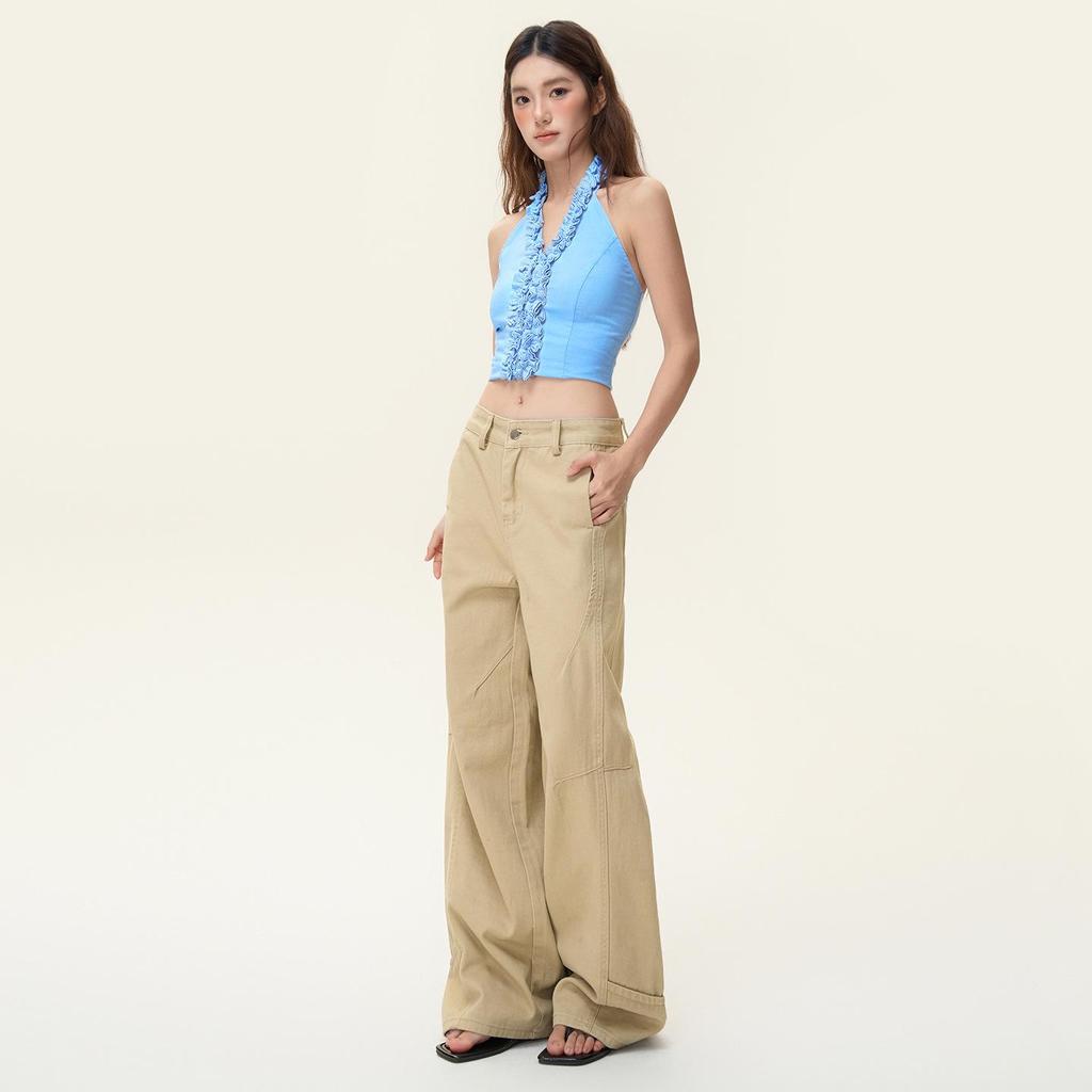 Women's Autumn Retro Khaki Wide-Leg Floor-Length Jeans