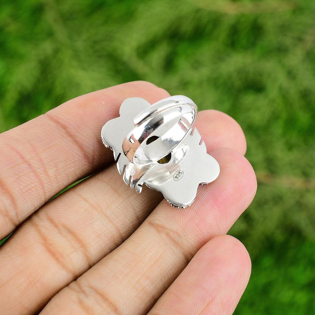Natural TigerS Eye 925 Silver Stackable Flower Adjustable Ring For Women
