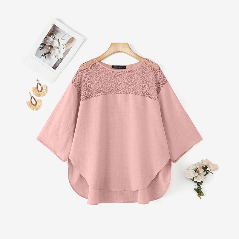 ZANZEA Женская блузка с круглым вырезом, повседневная, с рукавами 3/4 и ажурной вставкой