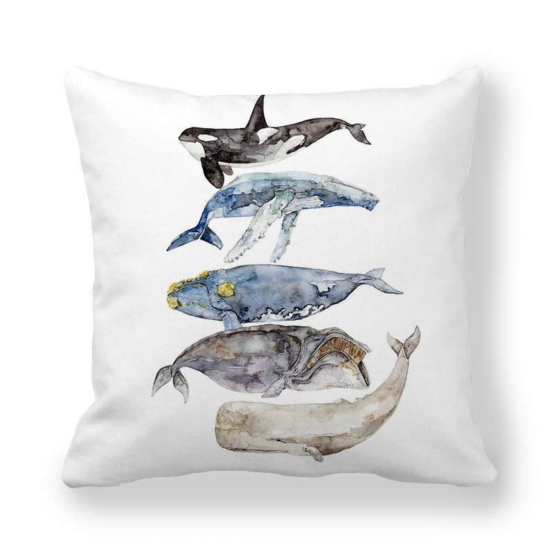 Watercolor Art Of Whale Pattern Digital Printing Short Plush Pillow Covers For Car Sofa Office Cushion Cover Home Goods